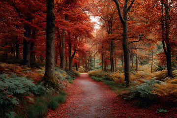 Obraz premium Vibrant autumnal forest path with fiery foliage and lush ferns trees