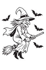 Fototapeta premium Halloween Witch Outline Drawing Black and White