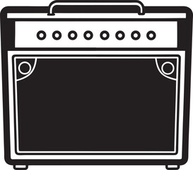 Black silhouette of a guitar amplifier with knobs and speaker isolated on white background