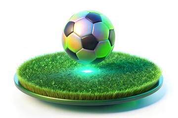 Futuristic Soccer Ball on Floating Grass Platform with Neon Glow