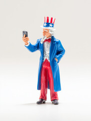 Wujek Sam w kapeluszu w gwiazdy i paski, niebieskim płaszczu i czerwonych spodniach, robi sobie selfie telefonem.