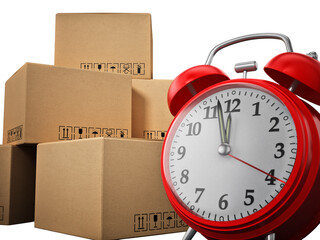 Cargo boxes and alarm clock isolated on transparent background. 3D illustration