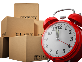 Cargo boxes and alarm clock isolated on transparent background. 3D illustration