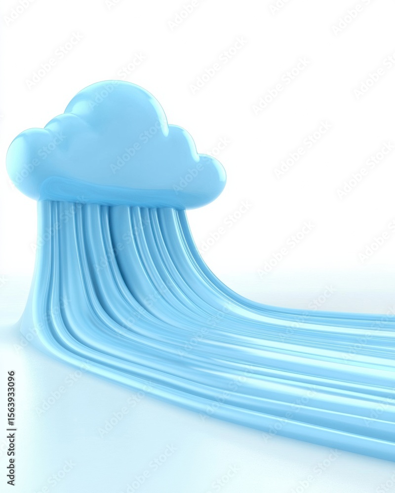 Poster a blue cloud icon with flowing streams representing data or connectivity in a sleek, futuristic styl