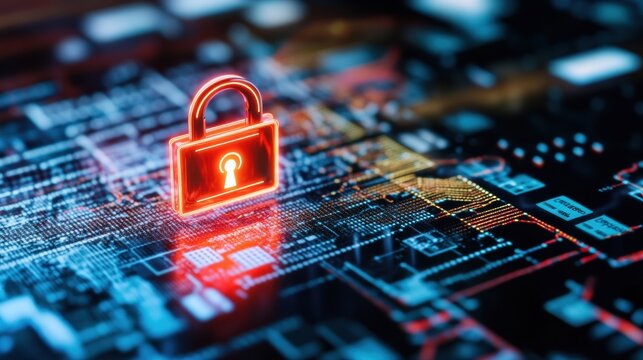 A glowing red digital padlock hovers over a futuristic circuit board, symbolizing cybersecurity and data protection in a high-tech environment.