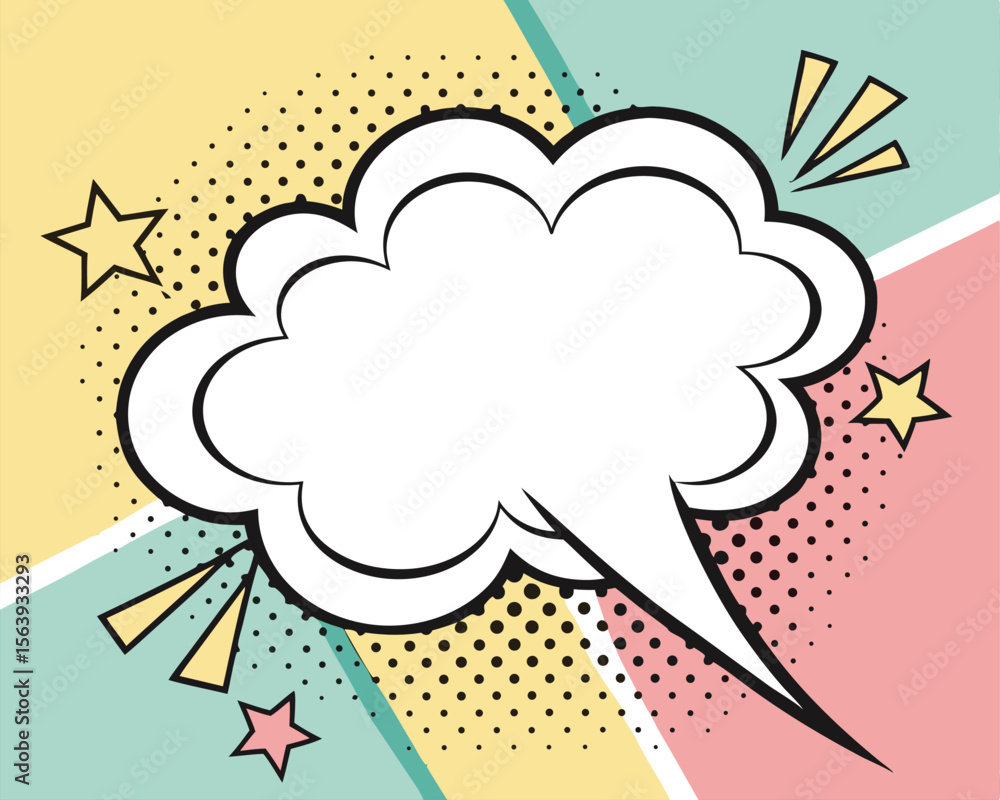 Poster retro comic style empty speech bubble with stars and dots on a colorful background design element.