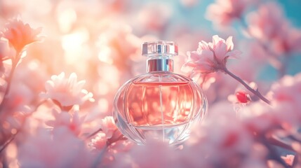 Soft-focus floral background with an angular, eye-catching perfume bottle generative ai