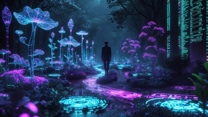 Digital Eden: Cyber-Noir Concept Art of a Surreal Data Garden
