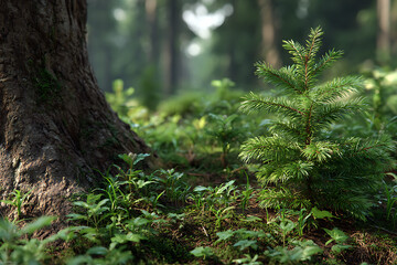 Naklejka premium Young evergreen sapling grows beside ancient tree trunk in sunlit forest nature