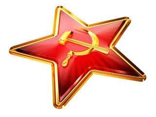 Red star with hammer and sickle isolated on transparent background. 