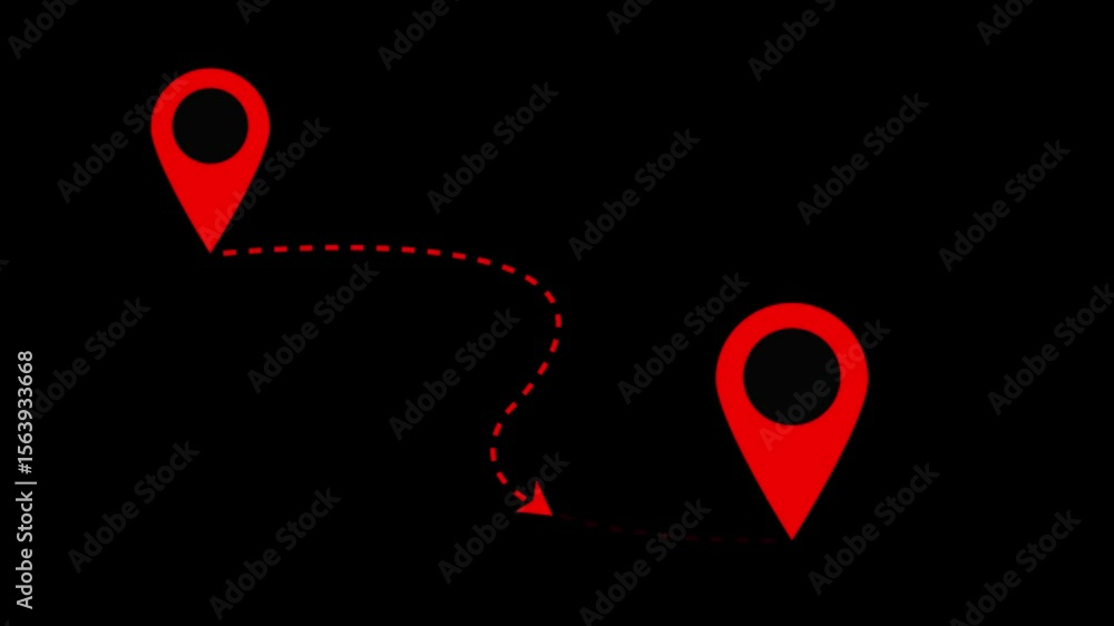 Poster red map pin navigation route with black background animation travel concept