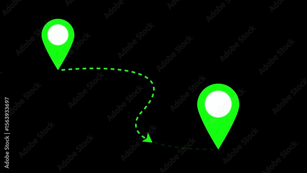 Poster animated green location pin pointers illustrating a path from one place to another