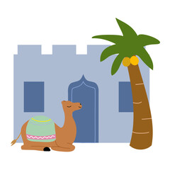 Camel with saddle in front of Arabian castle. Middle eastern desert clipart