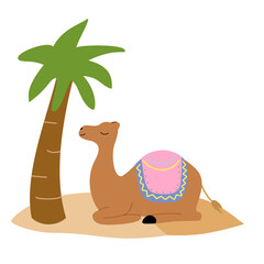 Cute Camel sinting undur palm tree  in the desert. Arabian illustration 