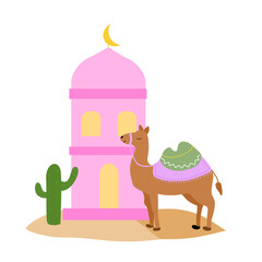 Camel in front of pink mosque. Islamic illustration with catur