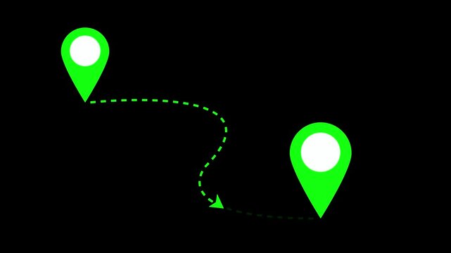 Animated green location pin pointers illustrating a path from one place to another