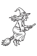 Halloween Witch Outline Drawing Black and White