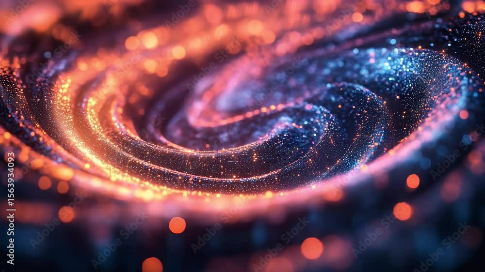 Poster abstract digital vortex with swirling particles in shades of blue and orange creating a cosmic and d