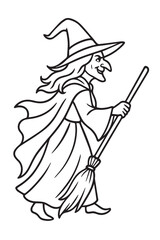 Halloween Witch Outline Drawing Black and White