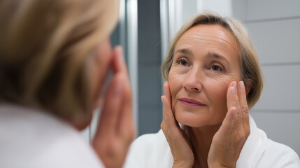A senior woman with short blonde hair looks intently at her reflection in a bathroom mirror, touching her face, symbolizing skincare, aging, and self-care.