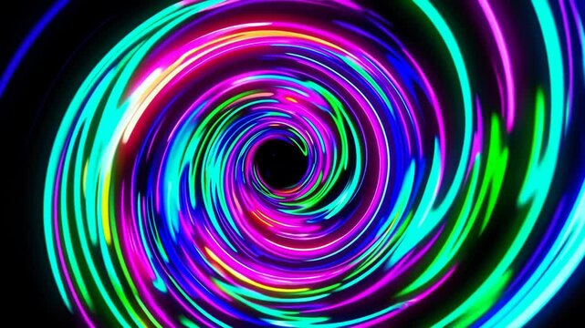 Swirling neon colors create a mesmerizing vortex effect in a digital animation