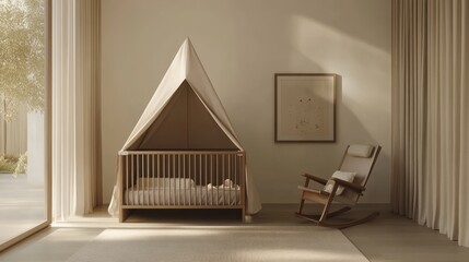 A light-filled nursery with a wooden crib and rocking chair.
