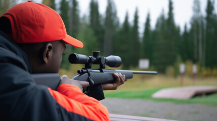 Obraz premium A person holds a scoped rifle, aiming downrange at a shooting target during sunset, emphasizing target practice and sport shooting. 