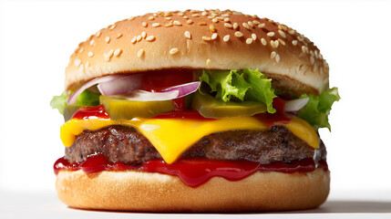 A juicy cheeseburger with a sesame seed bun, beef patty, melted cheese, pickles, onions, lettuce, and generous ketchup is isolated on a white background.
