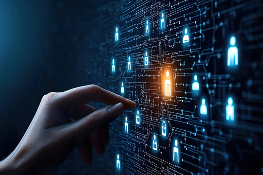 Hand interacts with digital interface displaying network of human icons, one highlighted in orange, symbolizing data analysis and selection. scene conveys technology and connectivity