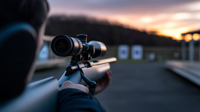 A person holds a scoped rifle, aiming downrange at a shooting target during sunset, emphasizing target practice and sport shooting.
