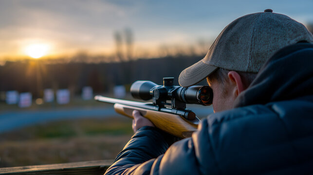 A person holds a scoped rifle, aiming downrange at a shooting target during sunset, emphasizing target practice and sport shooting.