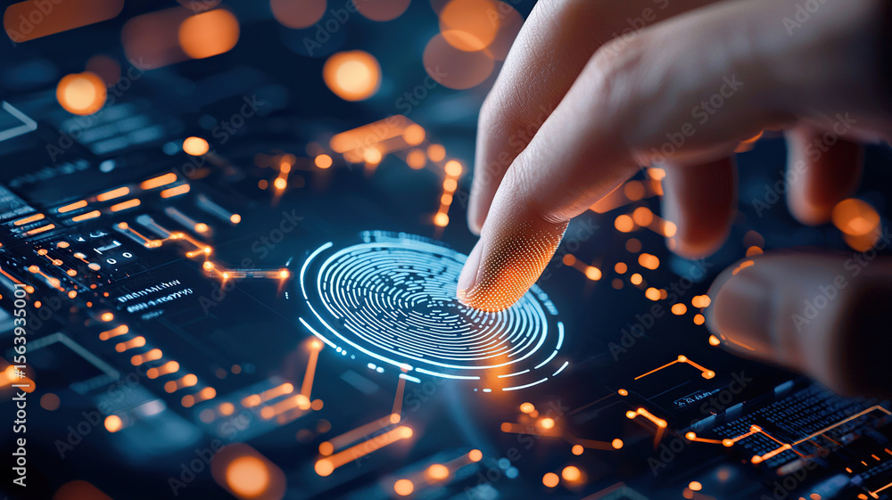 Poster close up of finger interacting with digital biometric fingerprint scanner, surrounded by glowing cir