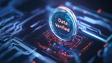 Digital interface displays glowing Data Verified message on futuristic circuit board, symbolizing secure data processing and verification technology