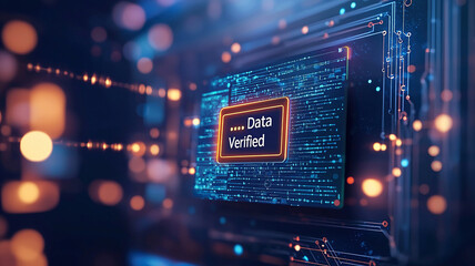 Glowing computer screen displays Data Verified amidst digital network, symbolizing secure data processing and verification. vibrant colors and bokeh effect create futuristic atmosphere