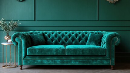 Teal velvet Chesterfield sofa in a stylish room.