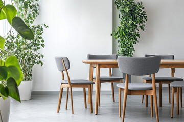 Scandinavian dining setup with modern chairs and green plants