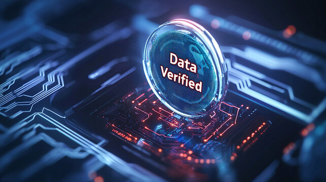 Digital interface displays glowing Data Verified message on futuristic circuit board, symbolizing secure data processing and verification technology
