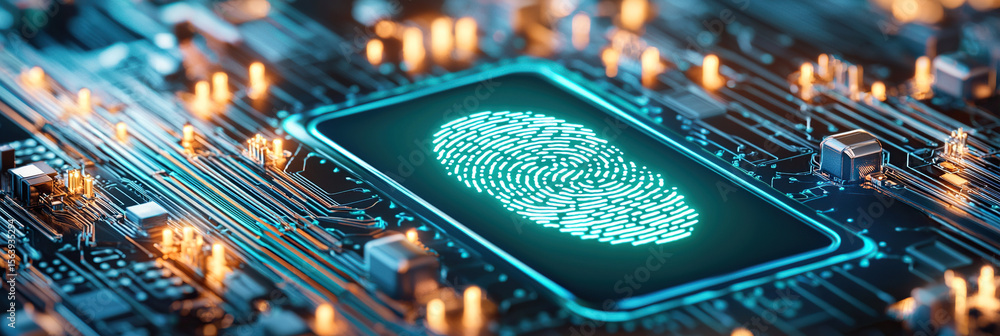 Poster glowing fingerprint scanner on digital lock is integrated into circuit board, symbolizing advanced s