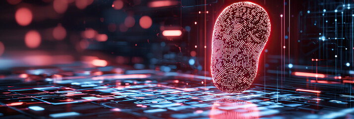 Glowing digital fingerprint hovers over futuristic circuit board, symbolizing advanced biometric technology and security. vibrant red and blue lights create high tech atmosphere