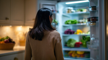 A person with curly hair stands in front of an open, brightly lit refrigerator filled with fresh green produce and healthy beverages, emphasizing healthy eating and conscious food choices.
