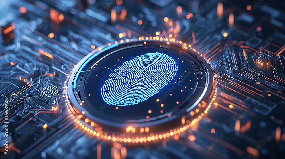 Poster digital fingerprint scanner glows on circuit board, symbolizing advanced biometric security technolo