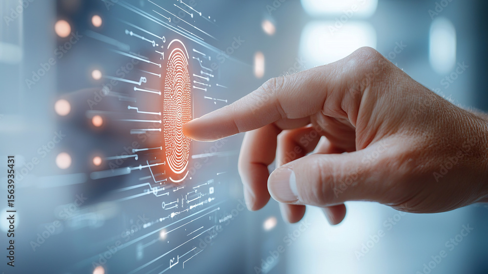 Poster hand interacting with digital fingerprint scanner, symbolizing biometric security technology in futu
