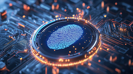 Digital fingerprint scanner glows on circuit board, symbolizing advanced biometric security technology. intricate design highlights fusion of electronics and security innovation