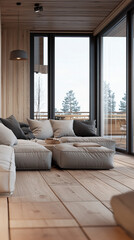Fototapeta premium Nordic-inspired apartment with wooden floors and soft seating