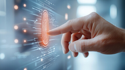 Hand interacting with digital fingerprint scanner, symbolizing biometric security technology in futuristic setting. glowing fingerprint interface highlights advanced data protection