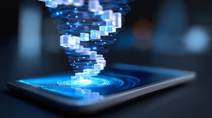 A glowing, abstract DNA helix composed of digital cubes spirals upwards from a smartphone screen, symbolizing genetic engineering, biotechnology, and data science.
