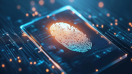 Digital device displays glowing fingerprint scanner, symbolizing security and technology. close up view highlights intricate details and futuristic design elements