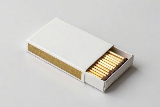 blank white Matchbox Mockup A simple white matchbox partially open, revealing wooden matches inside, set against a plain background.