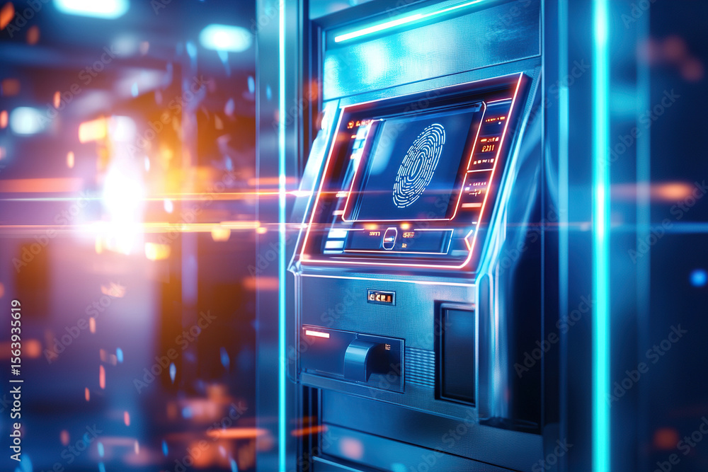 Poster futuristic atm with glowing interface scans fingerprint for secure access, surrounded by vibrant neo