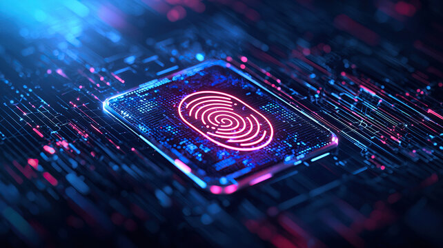 Glowing digital fingerprint is displayed on futuristic biometric scanner, surrounded by network of neon circuits and data lines, symbolizing advanced technology and security - Powered by Adobe